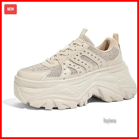 Women's Rhinestone Chunky Sneakers Platform Walking Shoes Lace-Up Casual